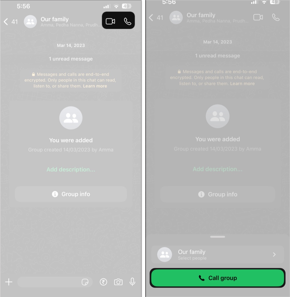 Making a group WhatsApp call from the group chat on an iPhone.