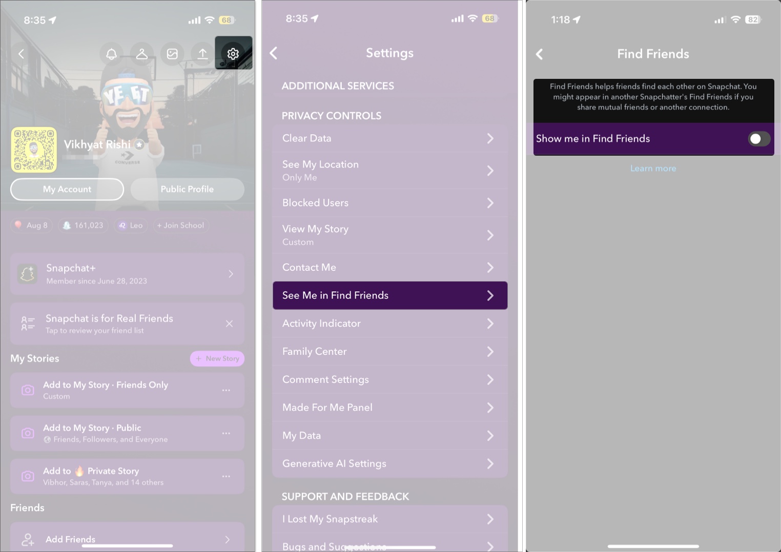 Managing the See Me in Find Friends setting in Snapchat on an iPhone.
