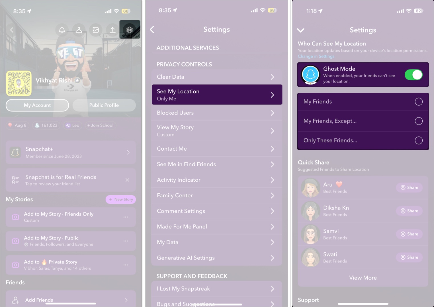 Managing the See My Location setting in Snapchat on an iPhone.