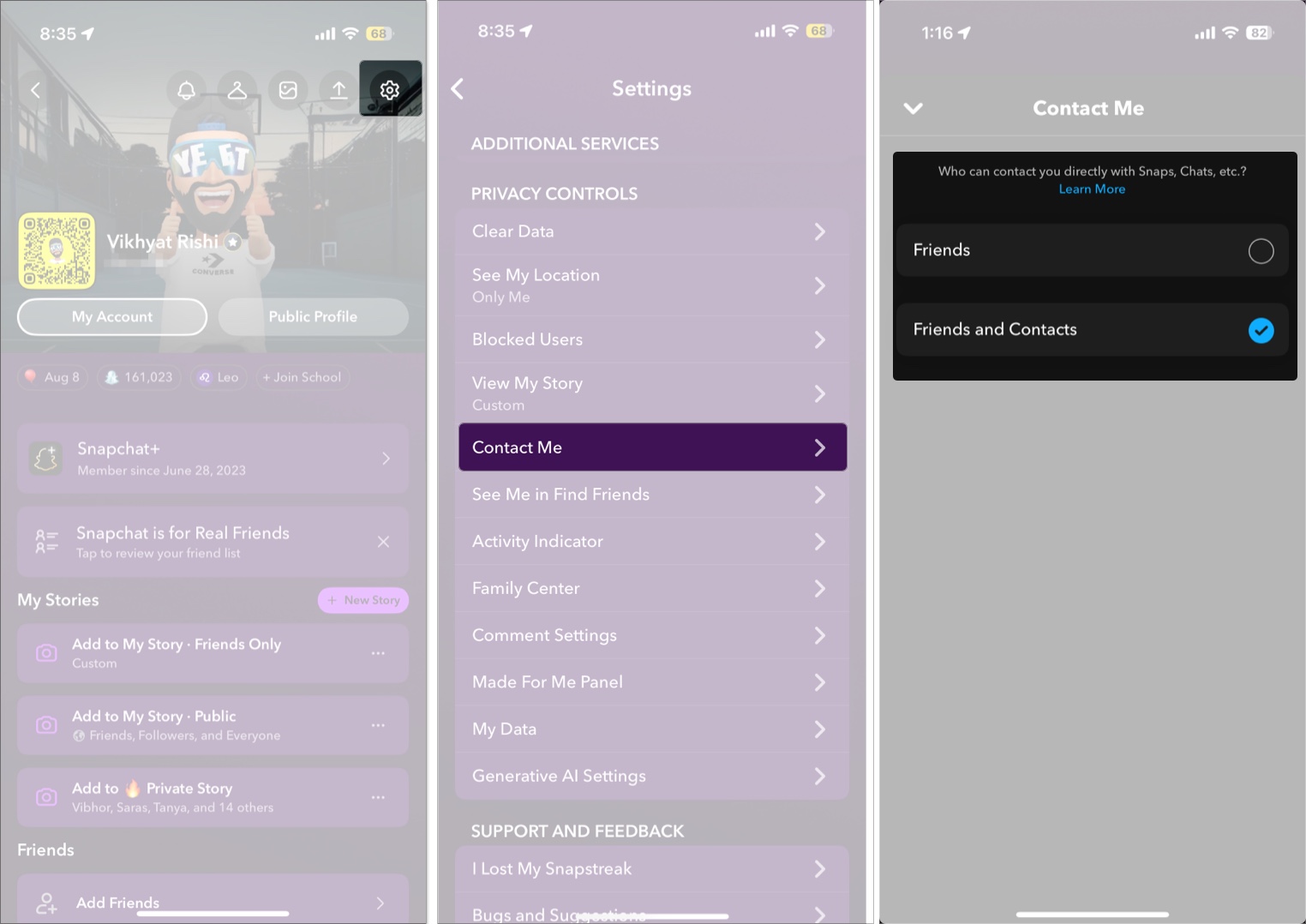 Managing the Contact Me setting in Snapchat on an iPhone.