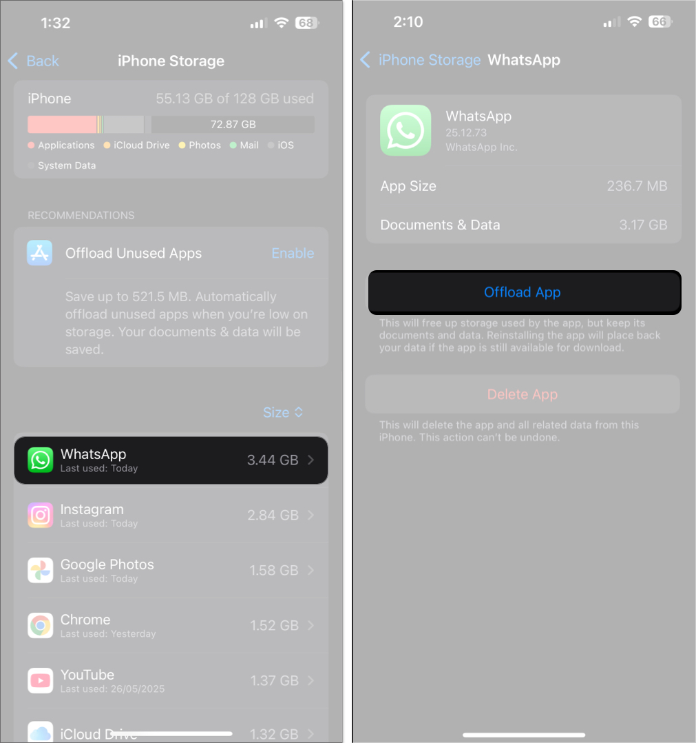 Offloading WhatsApp on an iPhone.