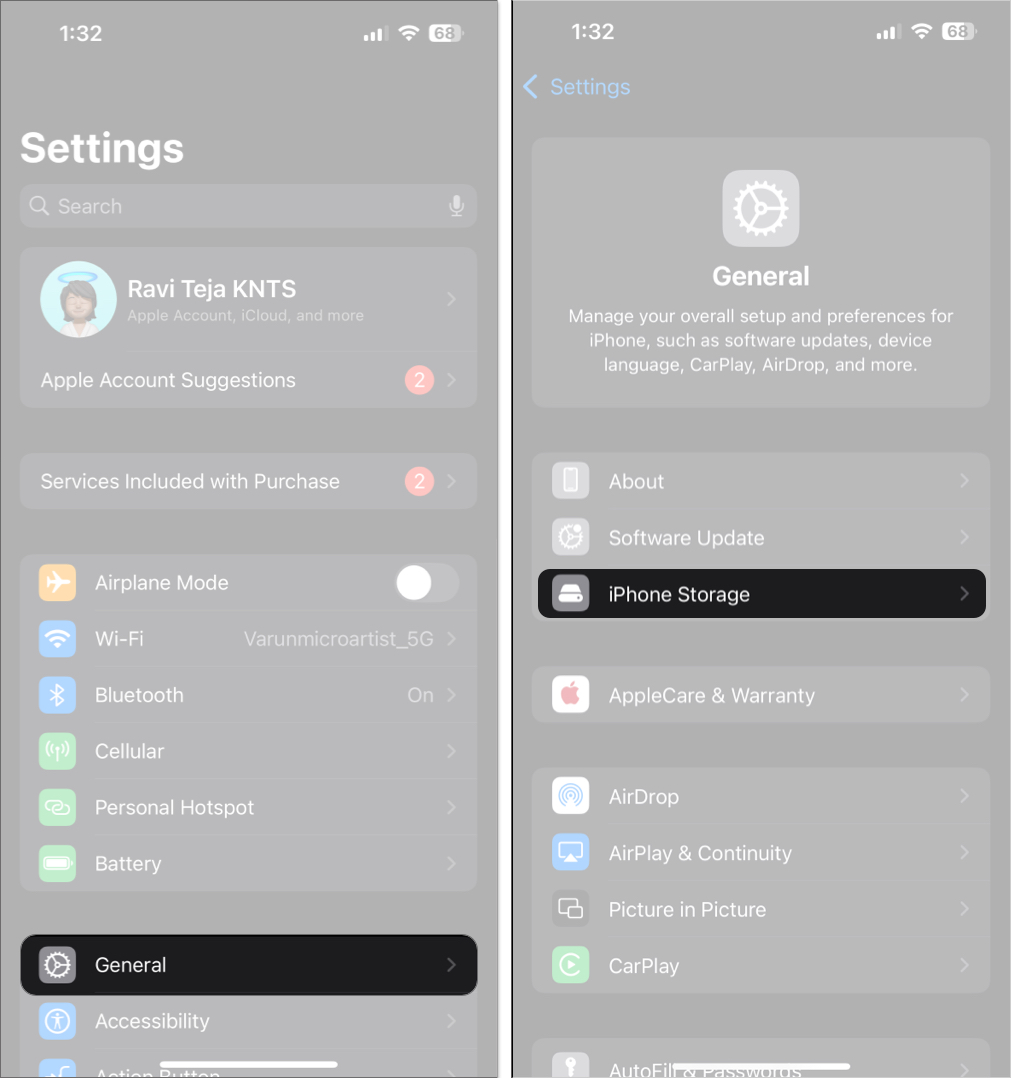 Accessing the iPhone Storage option in iOS Settings app.