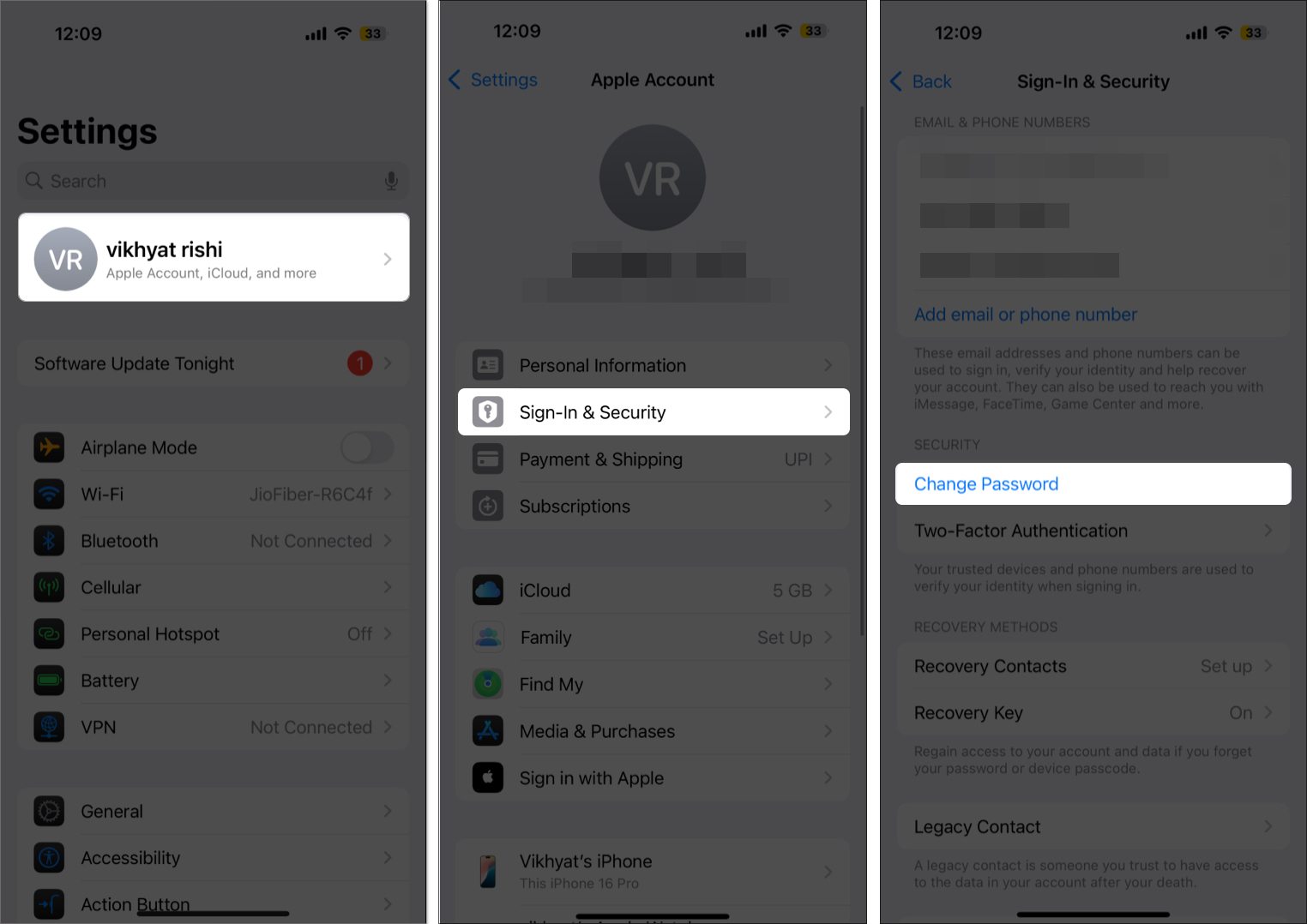 Open sign in and security settings on iPhone