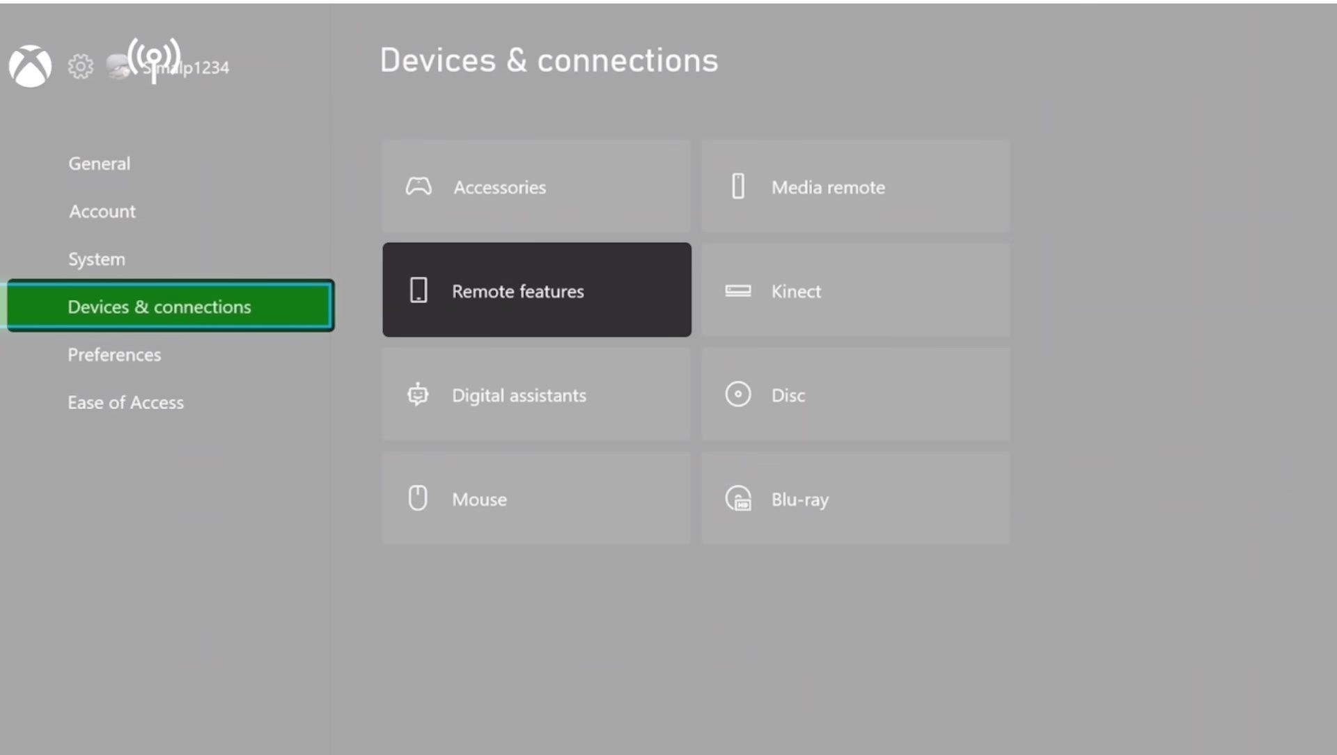 Accessing the Remote Features option in Xbox settings.