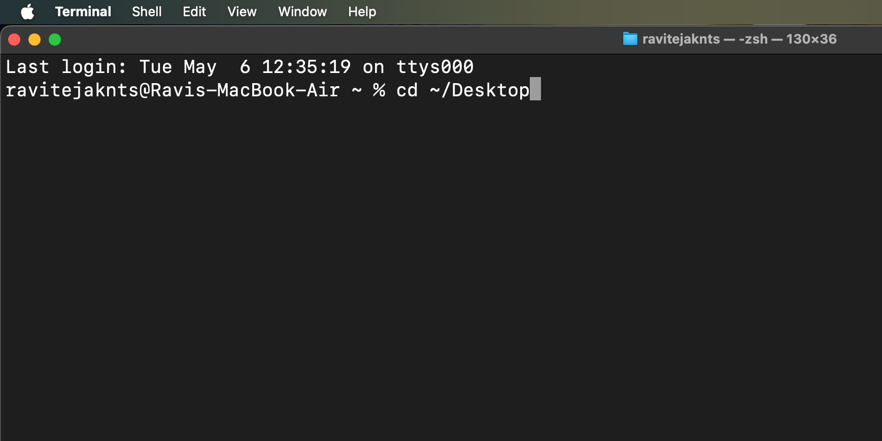 Using the cd command to navigate to the Desktop to run the newly-created shell script.