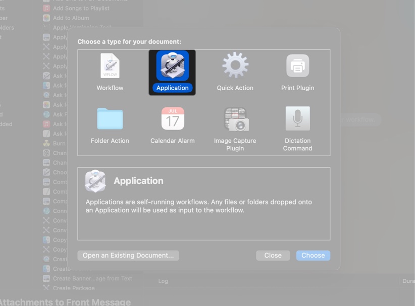 Setting the document type to Application in Automator.