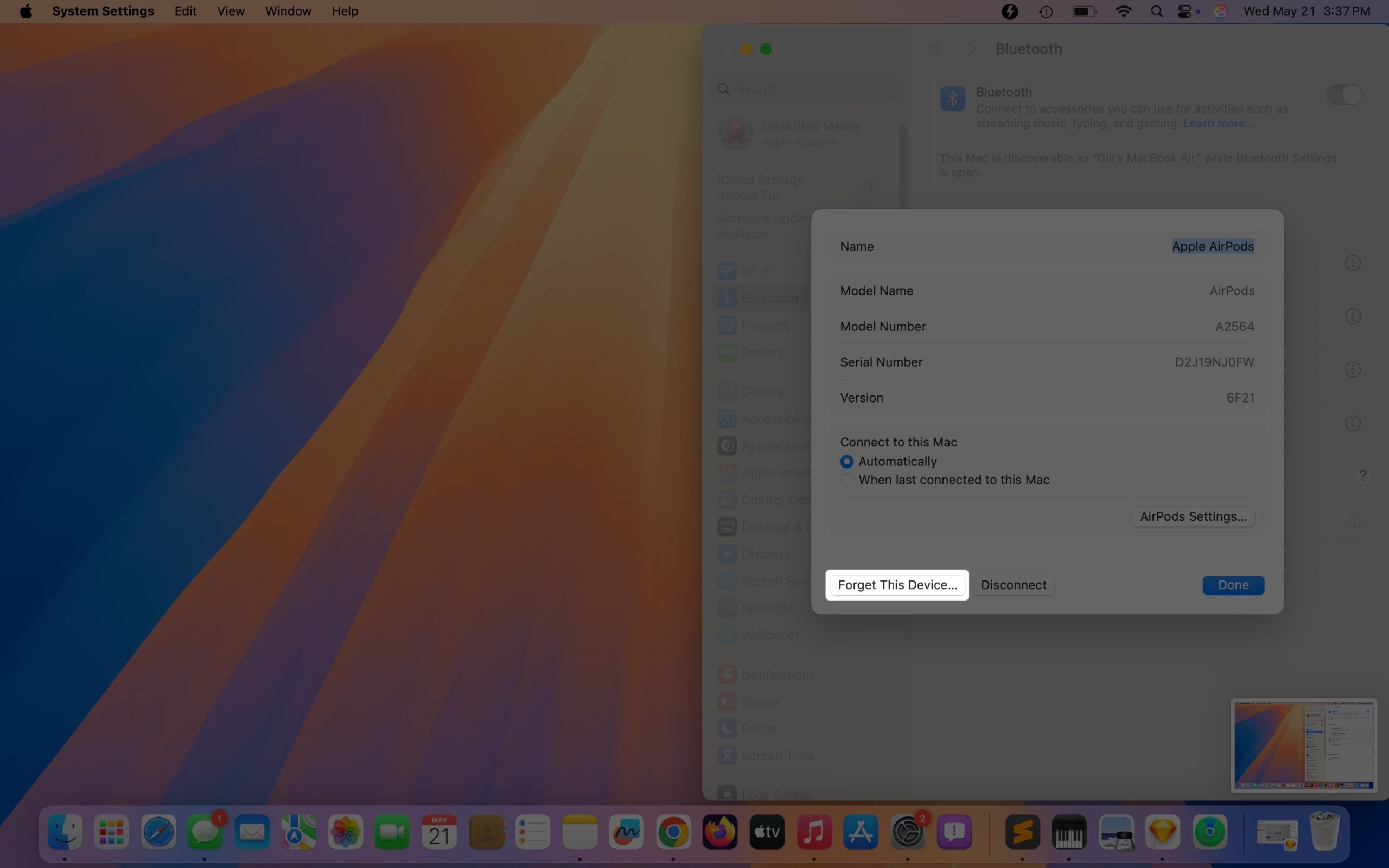 Unpairing and removing airpods from a mac