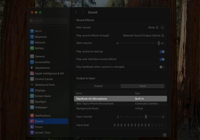 Selecting the built-in microphone as the default microphone on a Mac.
