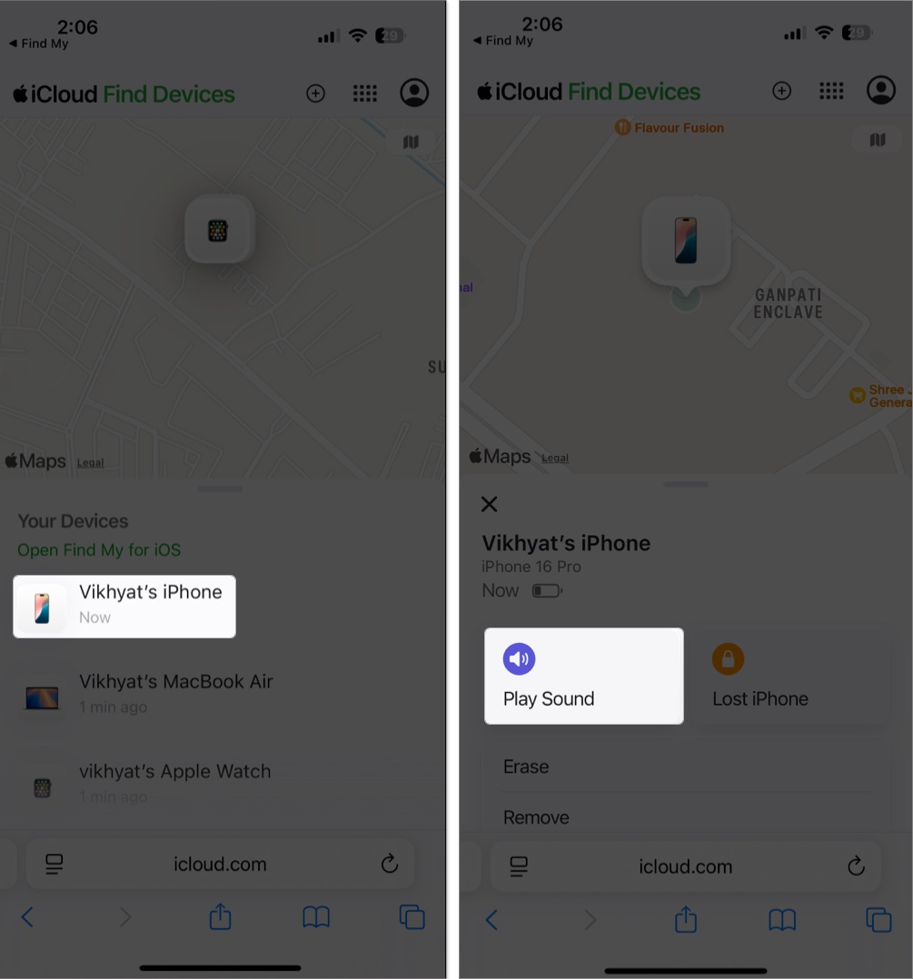 Select missing iPhone and tap Play Sound on iPhone