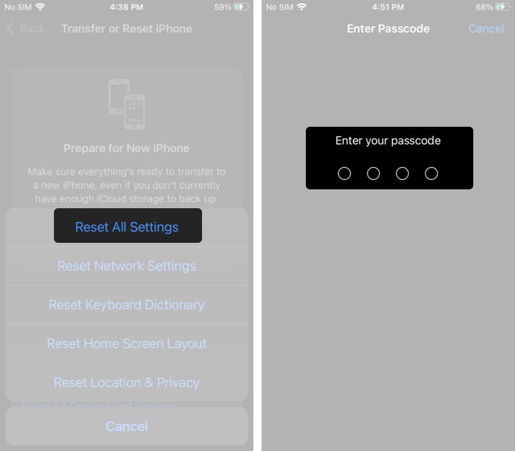 Using the Reset All Settings option to reset all settings on an iPhone.