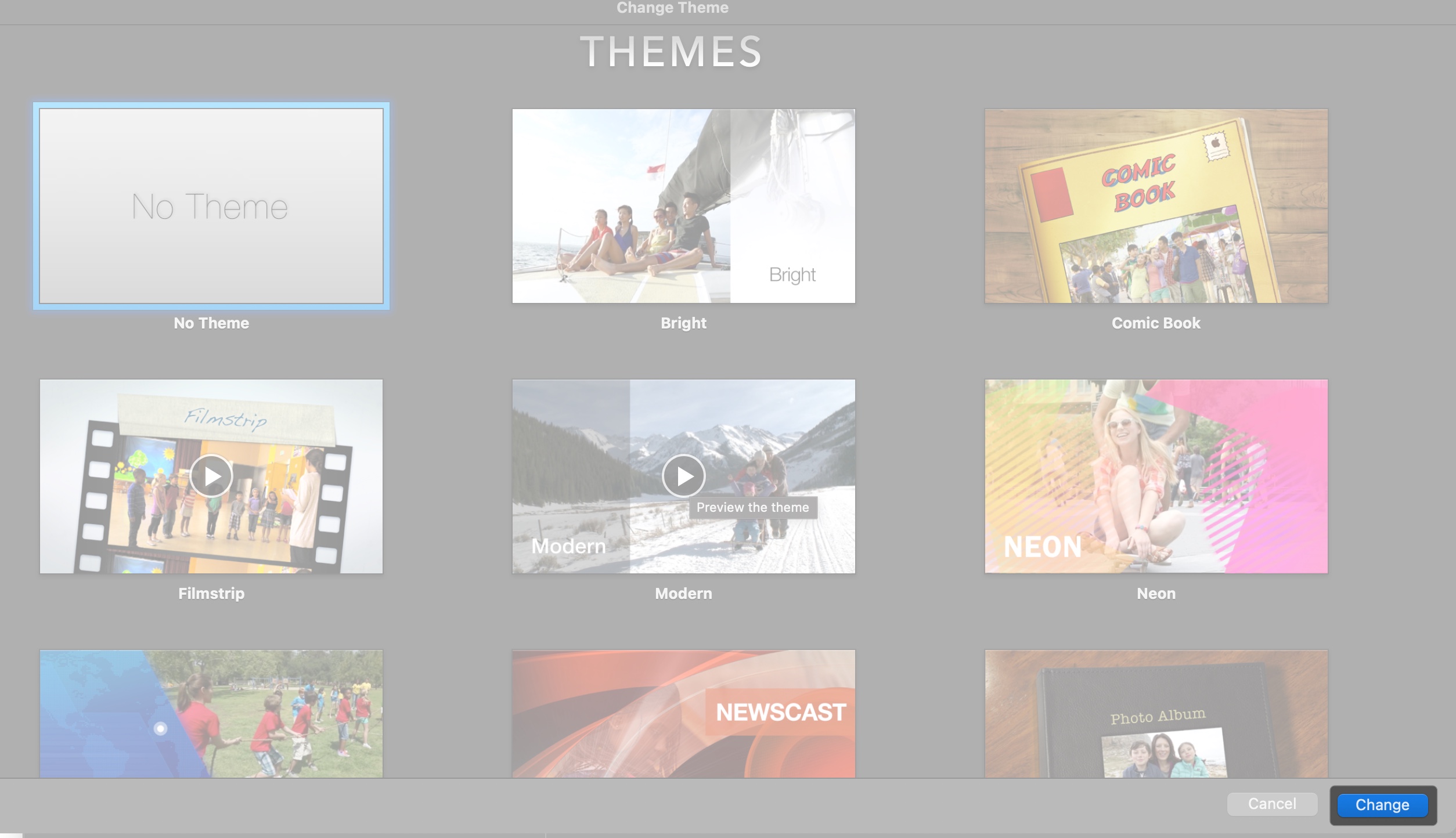 Select theme to preview and click change on iMovie in Mac