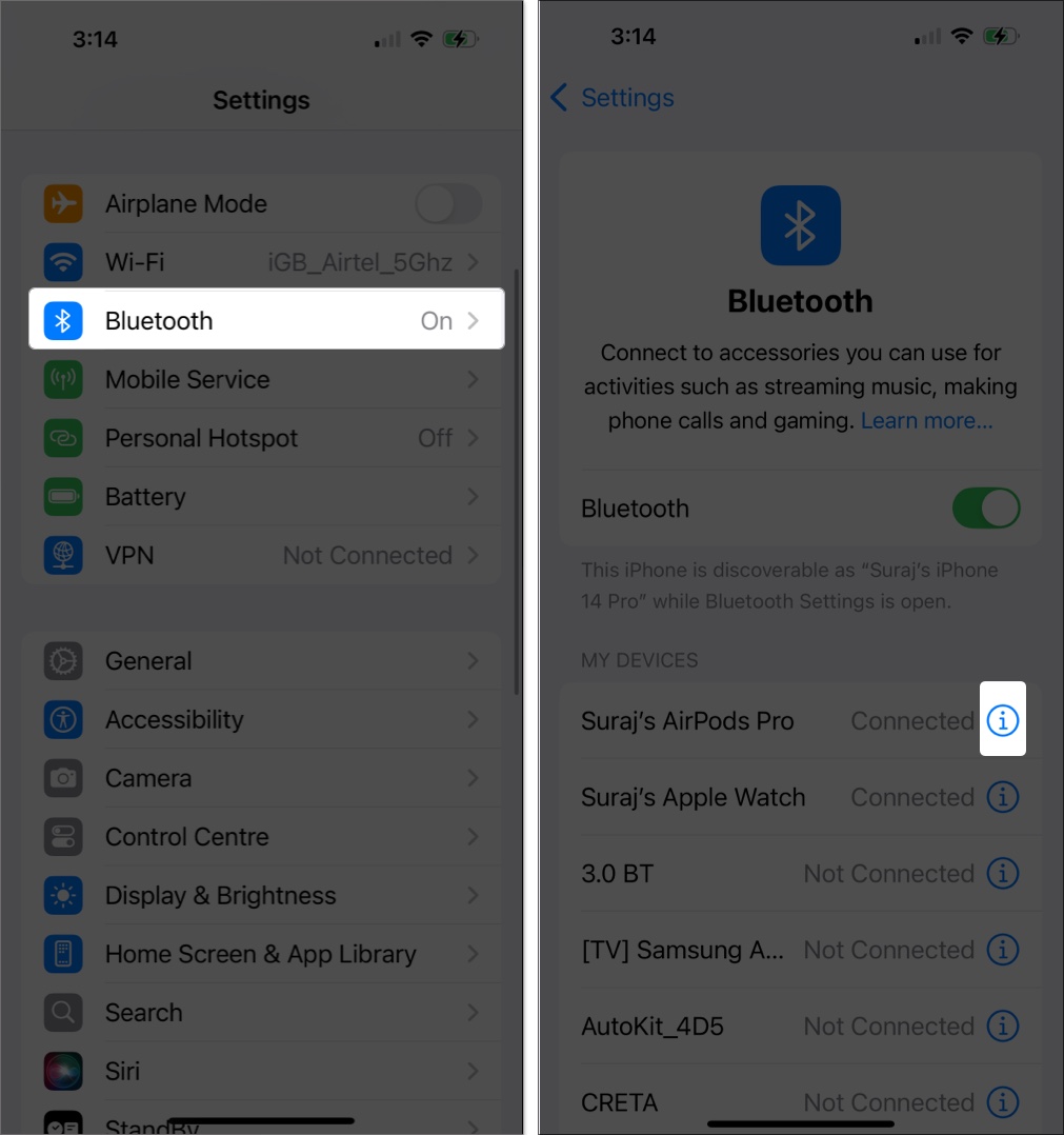 Accessing the information page for a pair of connected AirPods in iPhone Settings app.