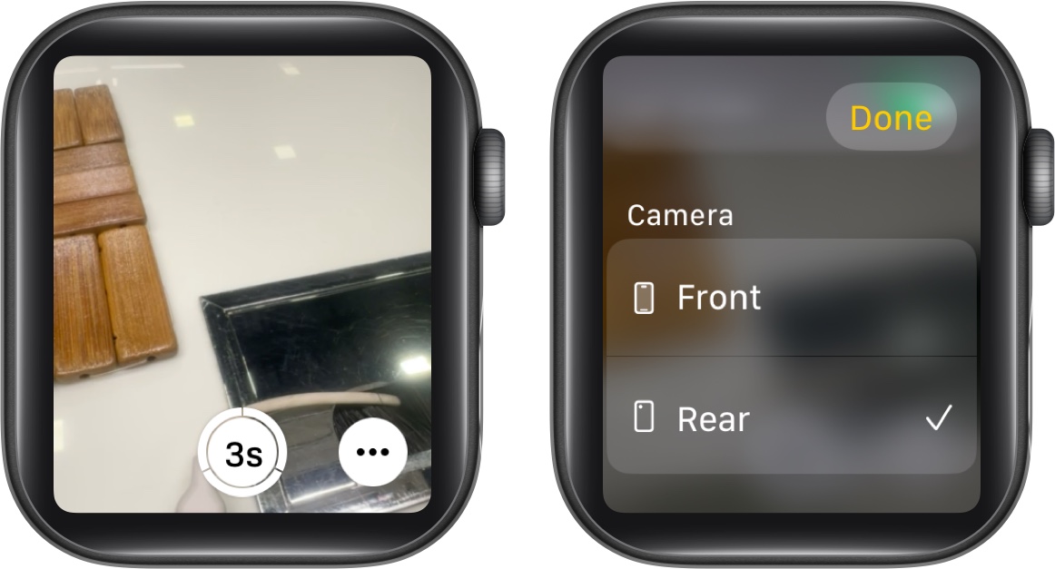 Option to switch cameras in the Camera Remote app on an Apple Watch.