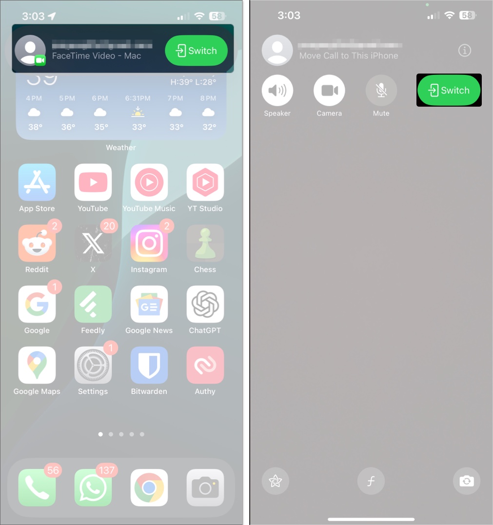 Tapping the Switch button in the FaceTime prompt to initiate a FaceTime call switch to a Mac.