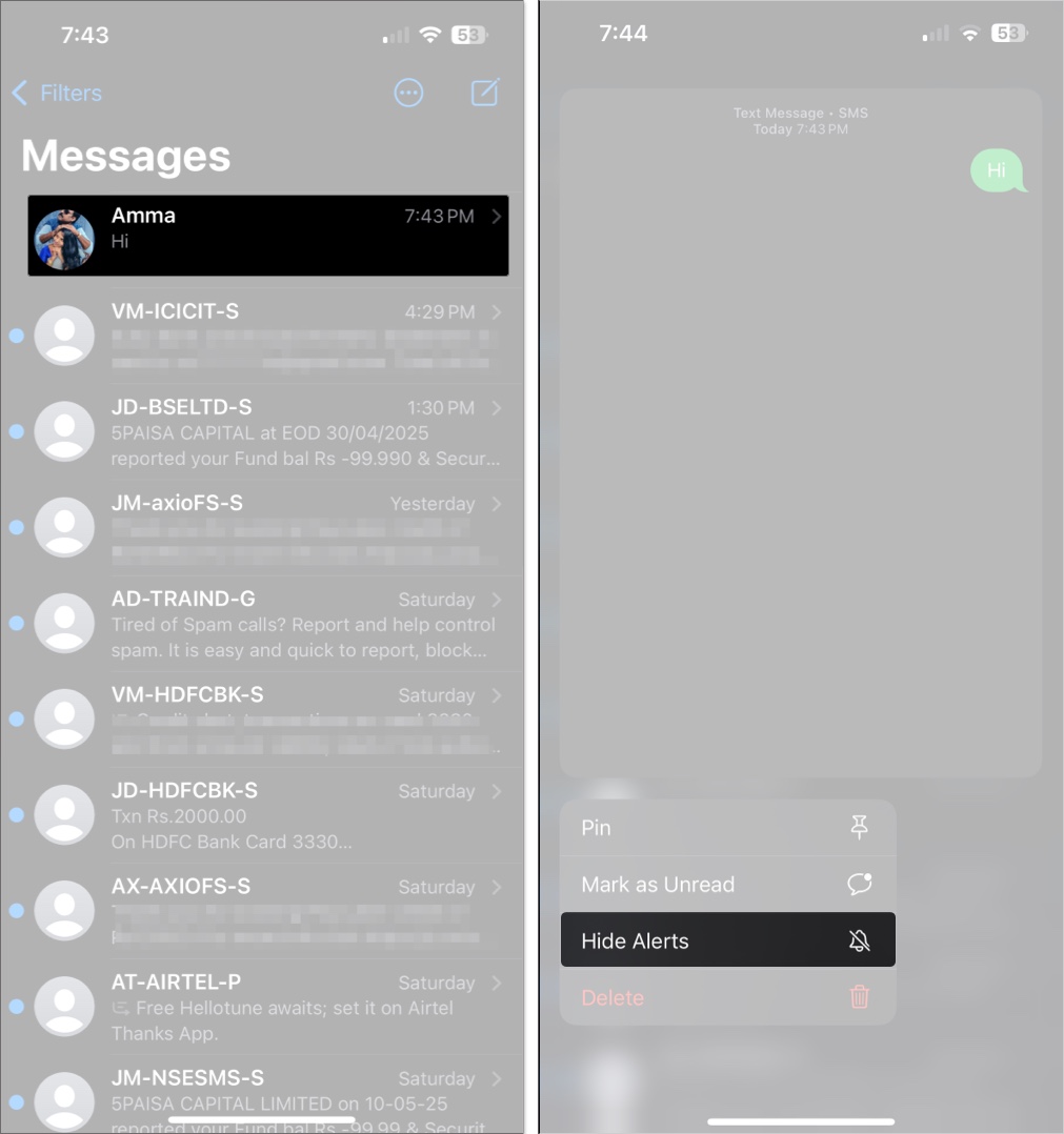 Tap and hold conversation in iMessage and tap hide alerts on iPhone
