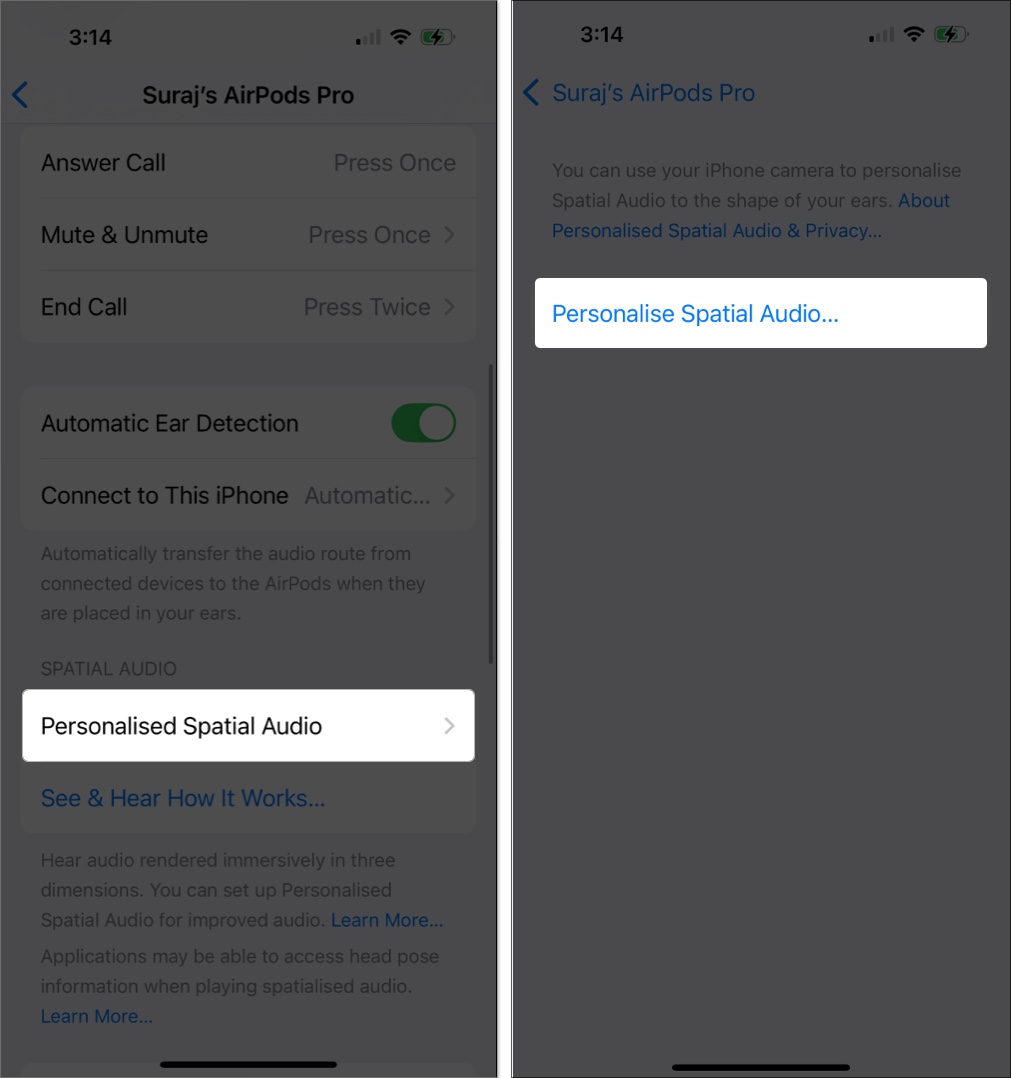 Accessing the Personalize Spatial Audio option in iOS Settings.