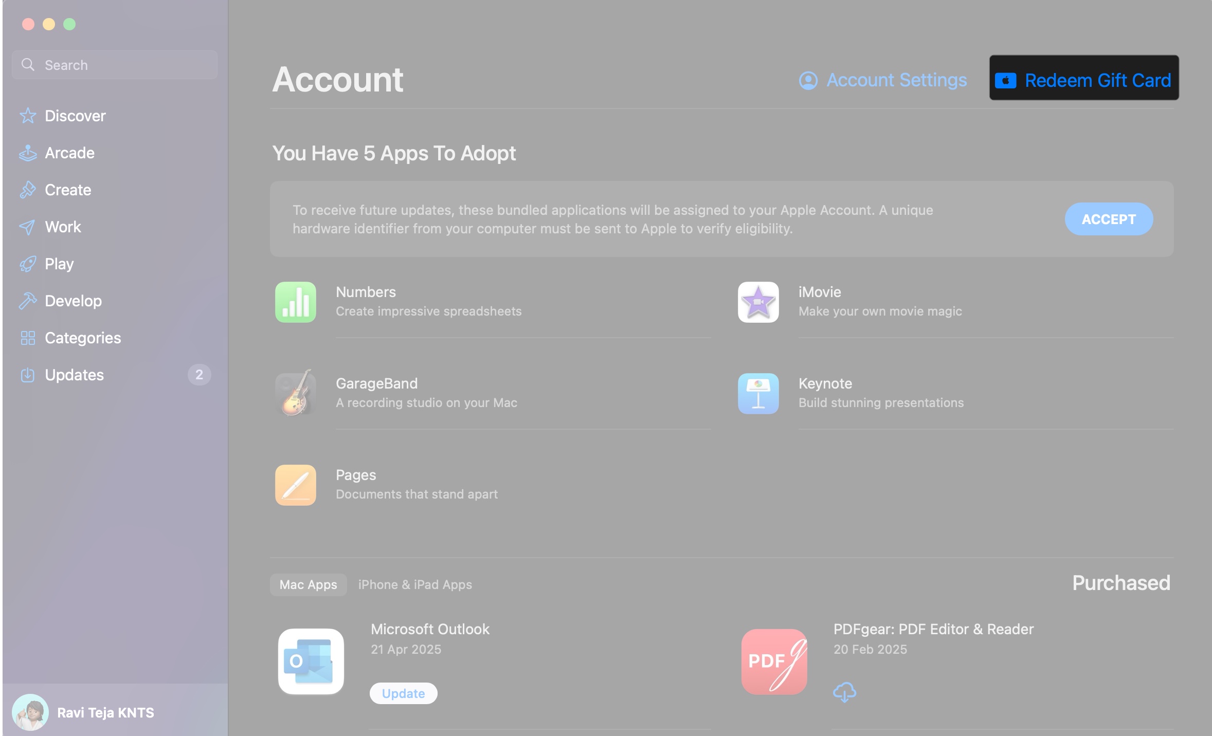 Clicking the Redeem Gift Card option on the Account page in App Store.