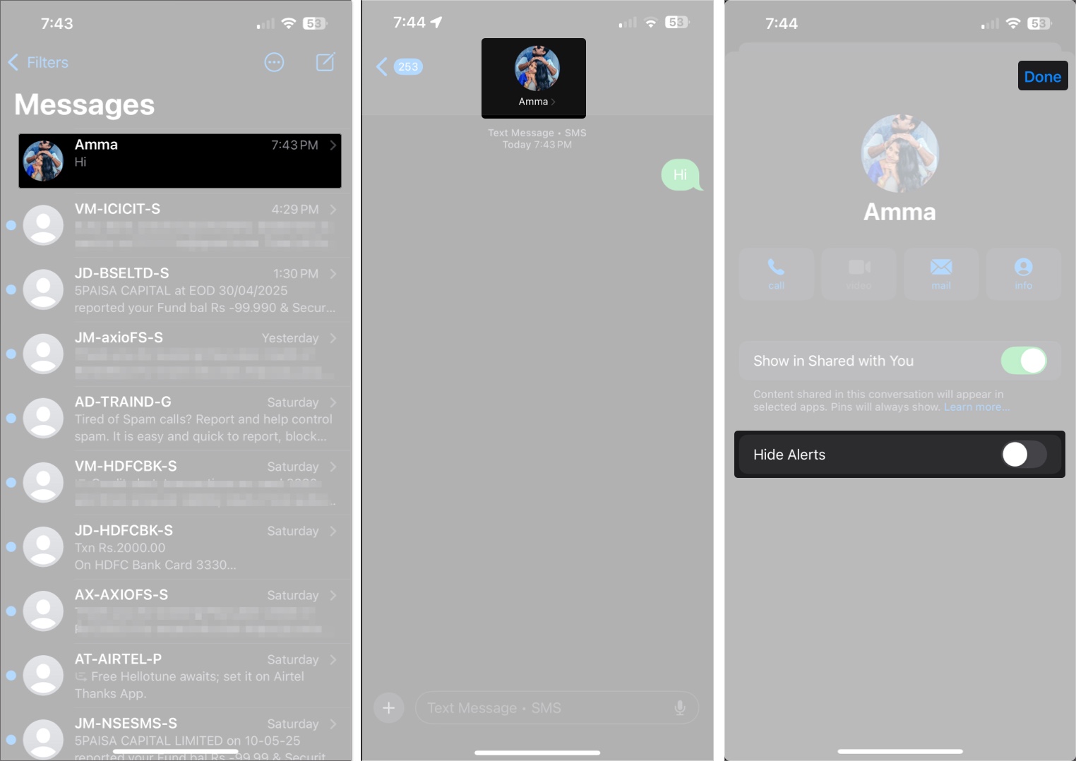 Toggle on hide alerts and tap done on iMessage in iPhone