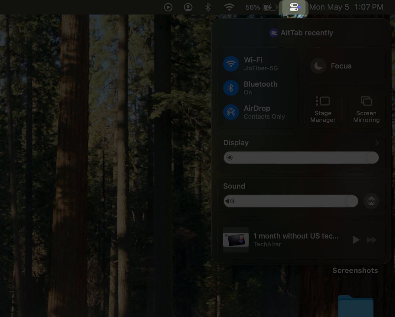 Turning on Dark Mode on a Mac from the Control Center.