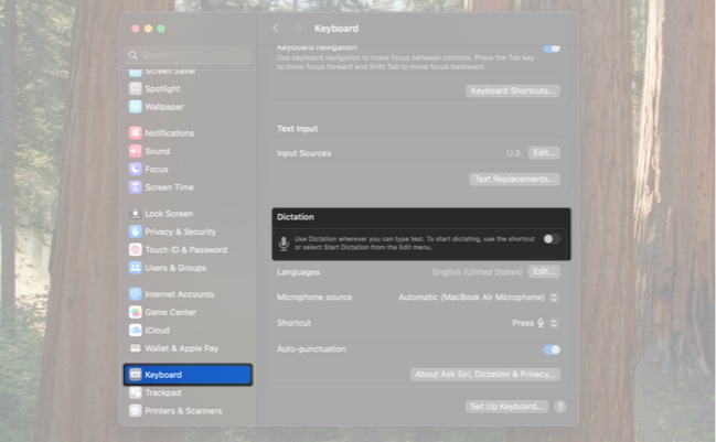Dictation option under Keyboard settings in macOS System Settings app.