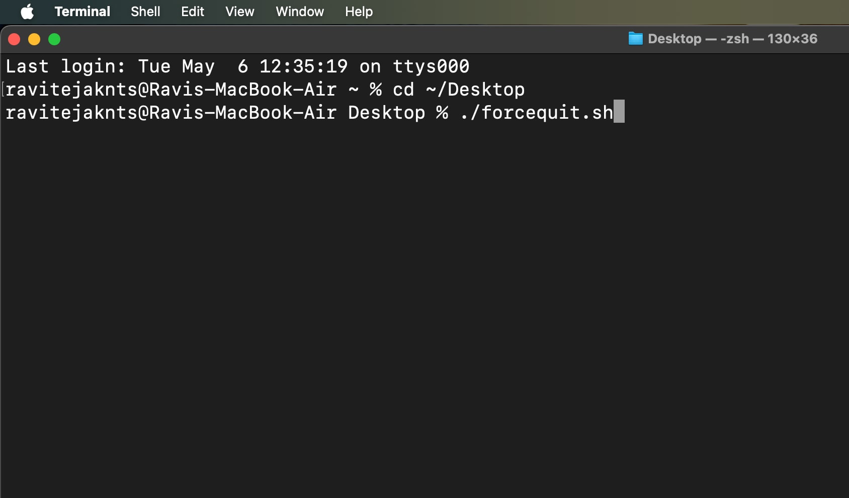 Executing the command to run the shell script to force close an app in the Terminal app.