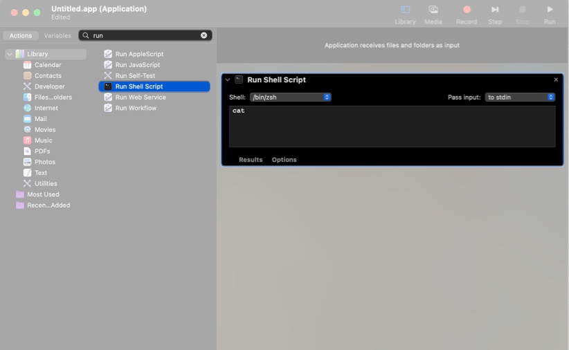 Finding and adding the Run Shell Script action to the Automator application.