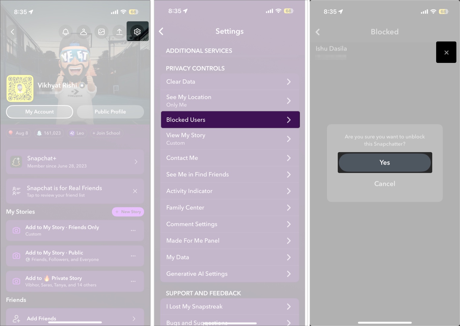 Unblocking a contact on Snapchat on an iPhone.