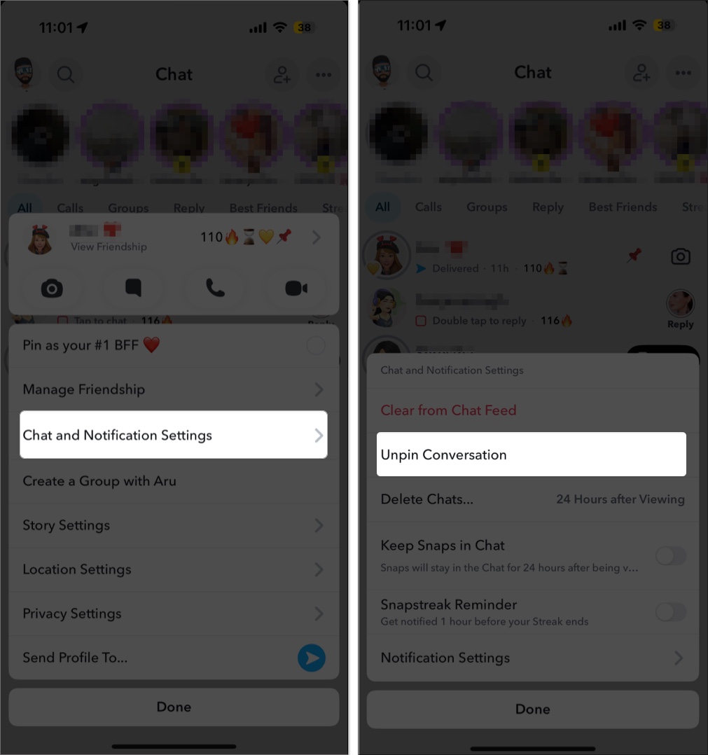 Using the Unpin Conversation option to unpin a pinned chat in Snapchat on an iPhone.