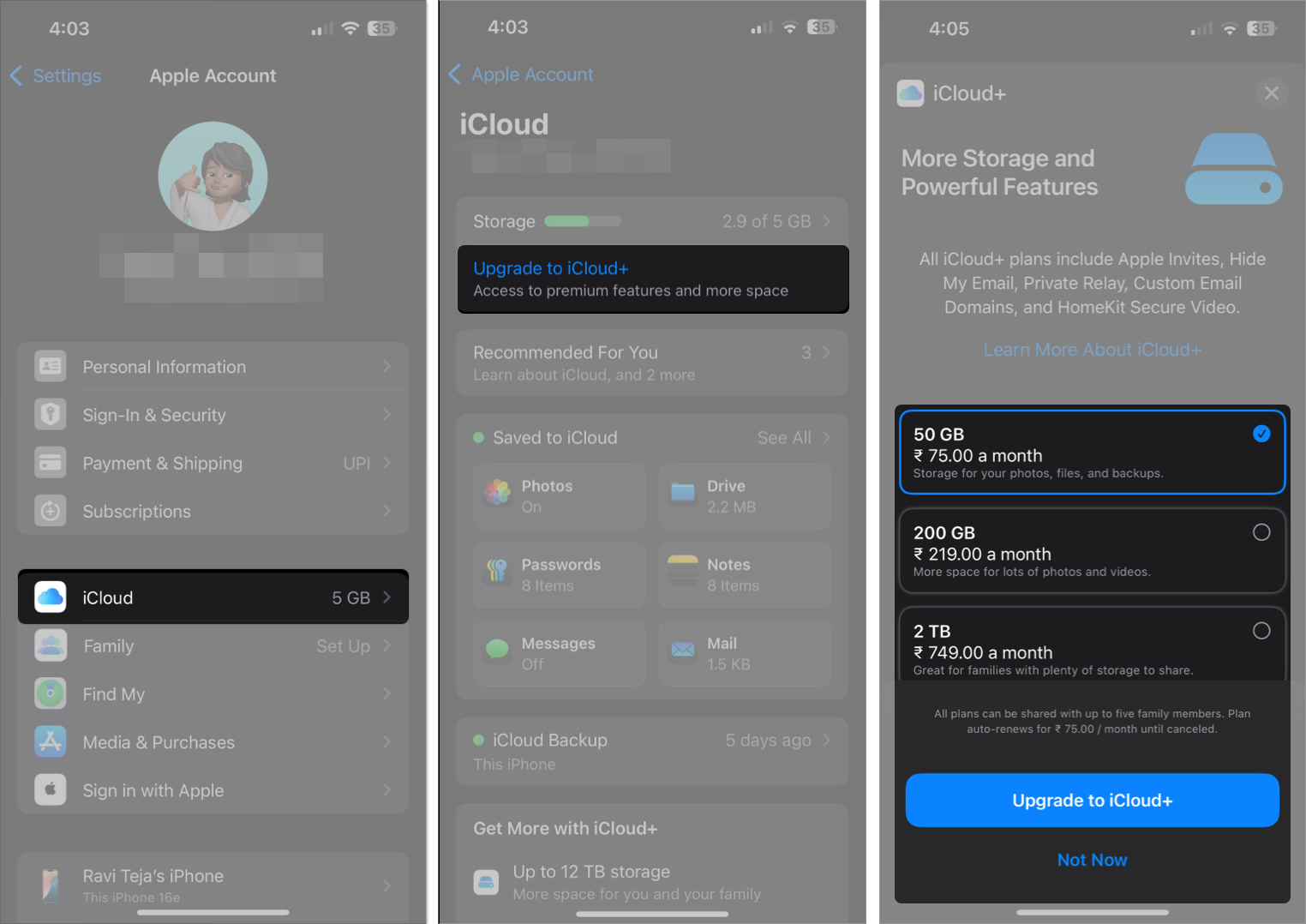 Upgrading to iCloud+ through the iPhone Settings app.