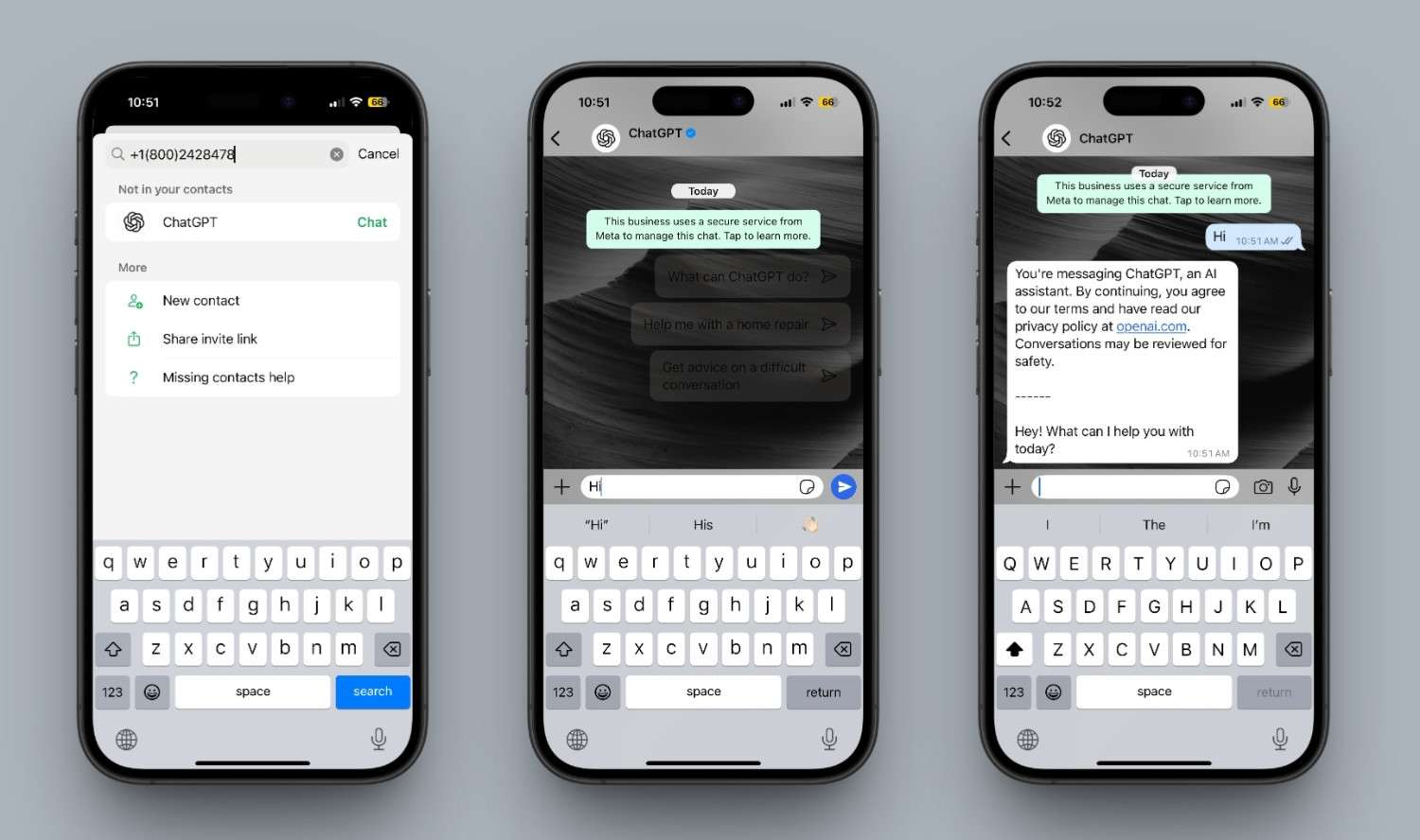 Access the ChatGPT chatbot on WhatsApp.
