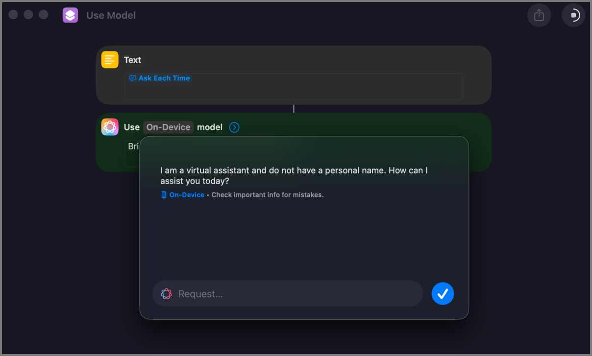 Apple Intelligence chatbot on Shortcuts App