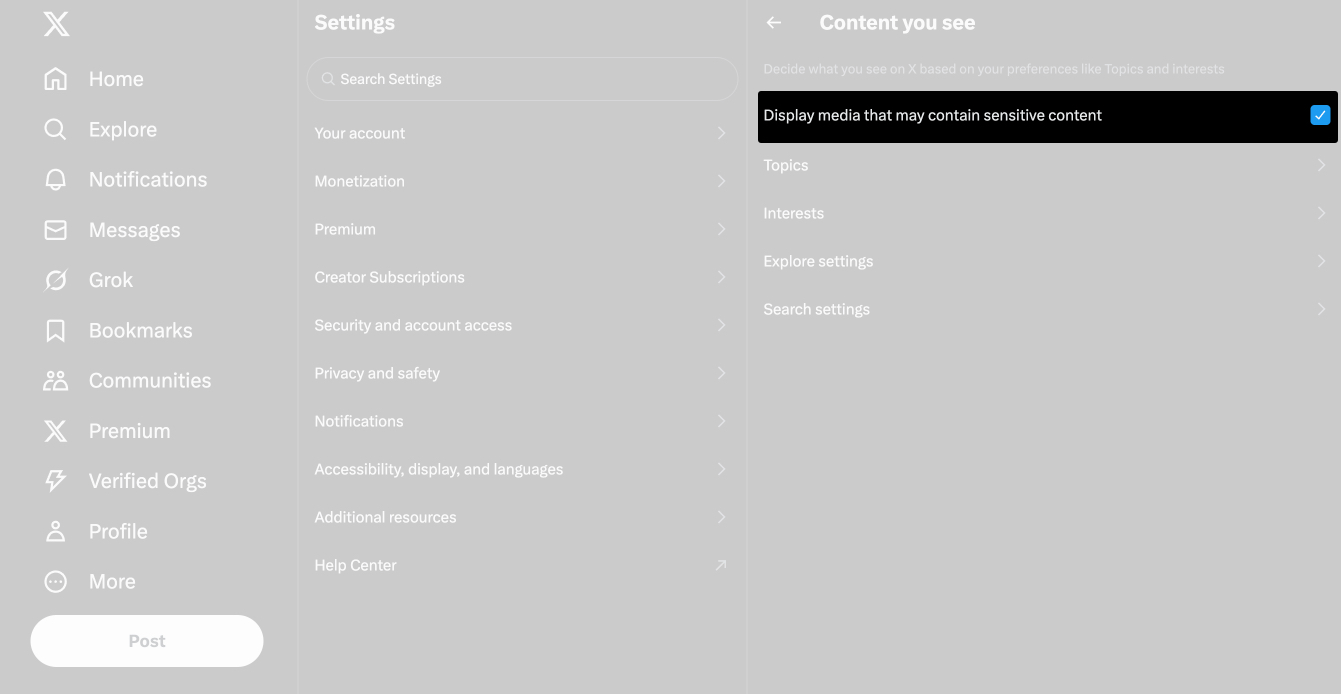Check box to see sensitive content on the X