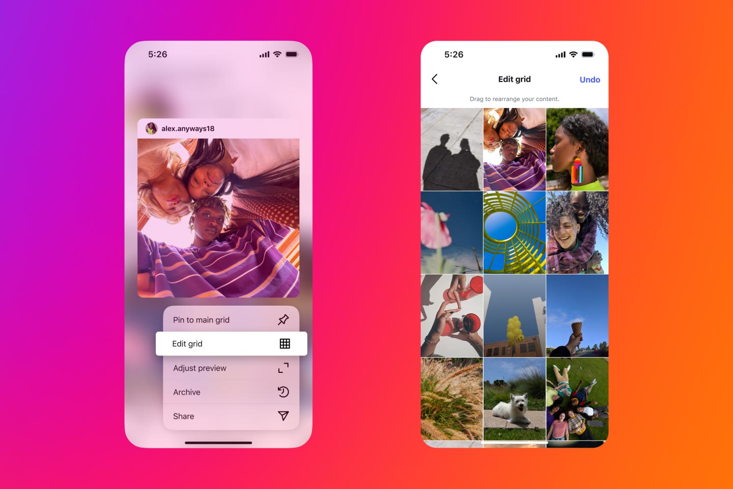 Instagram rearranging profile grid