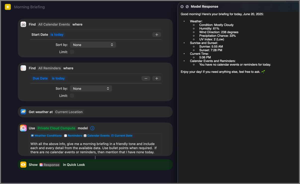 Morning Briefing with Apple Intelligence in Shortcuts App