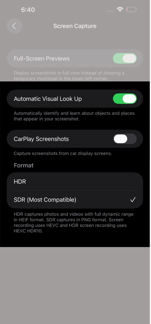 Screen Capture Settings in iOS 26.