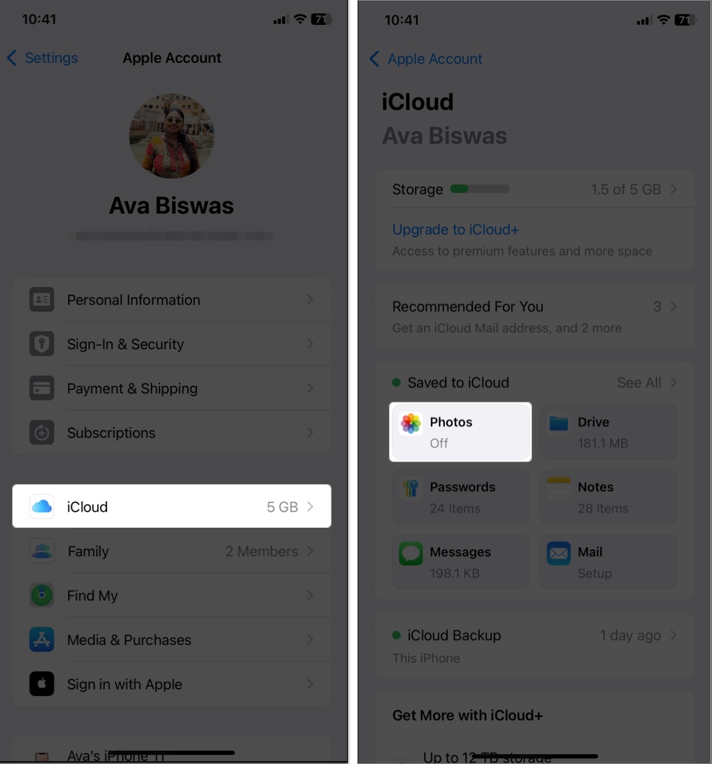 Access Apple account in setting and tap iCloud photos for sync issue in iPhone