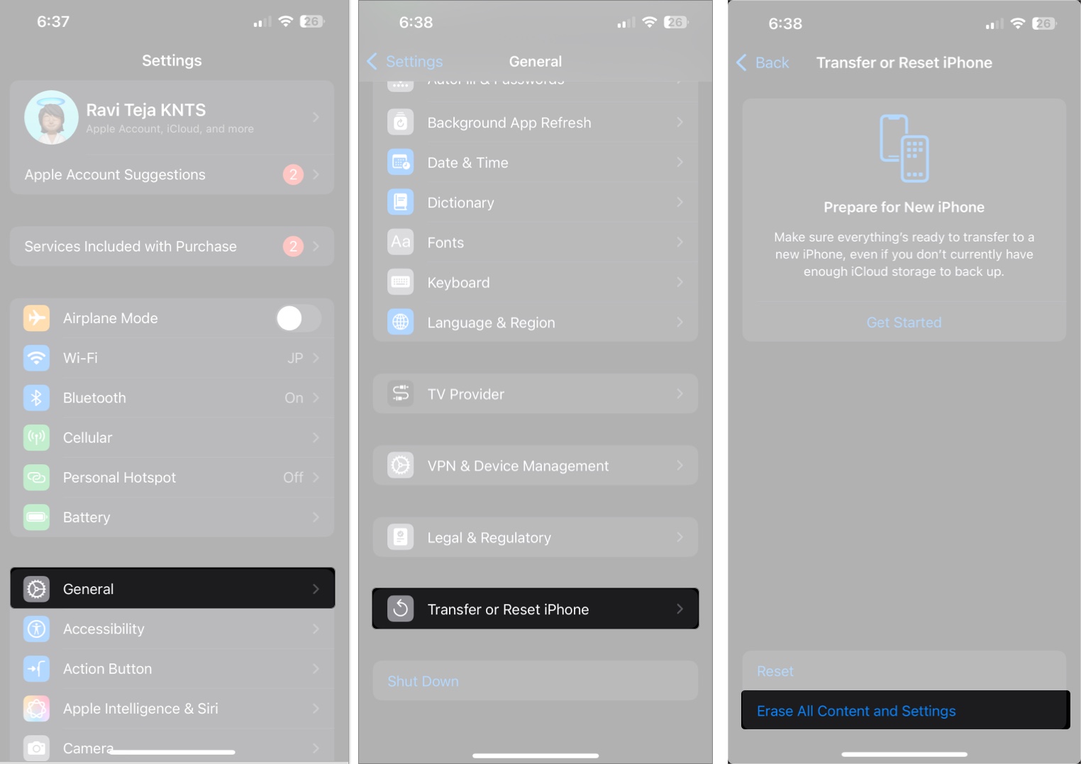 Access setting and Erase all content and setting on iPhone