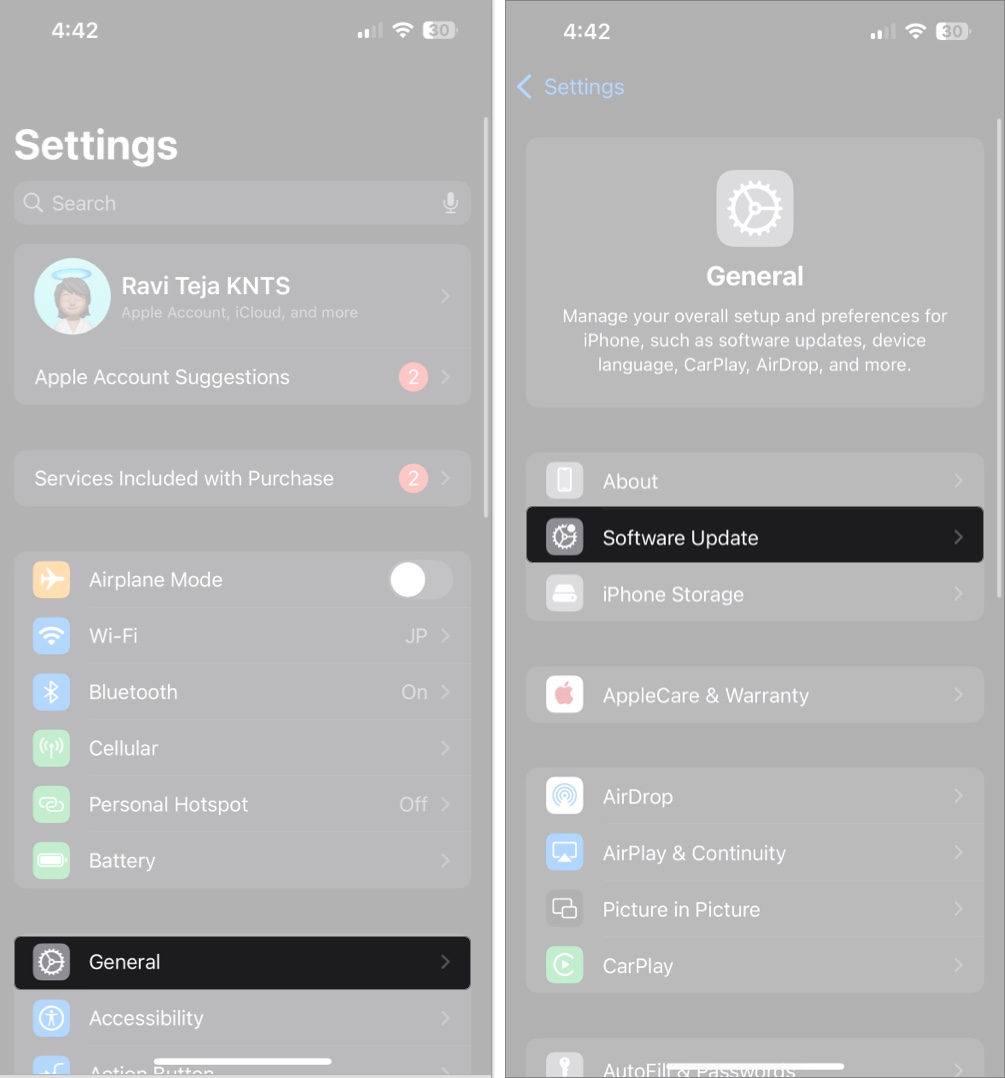 Access setting and tap on General then software update on iPhone