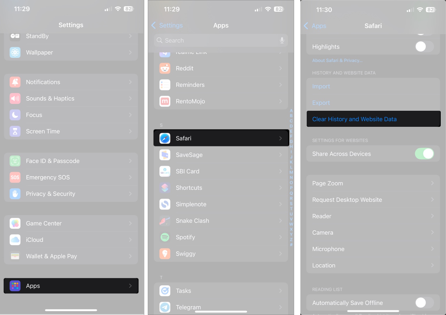 Access setting then Apps and tap Safari to clear history and website data on iPhone