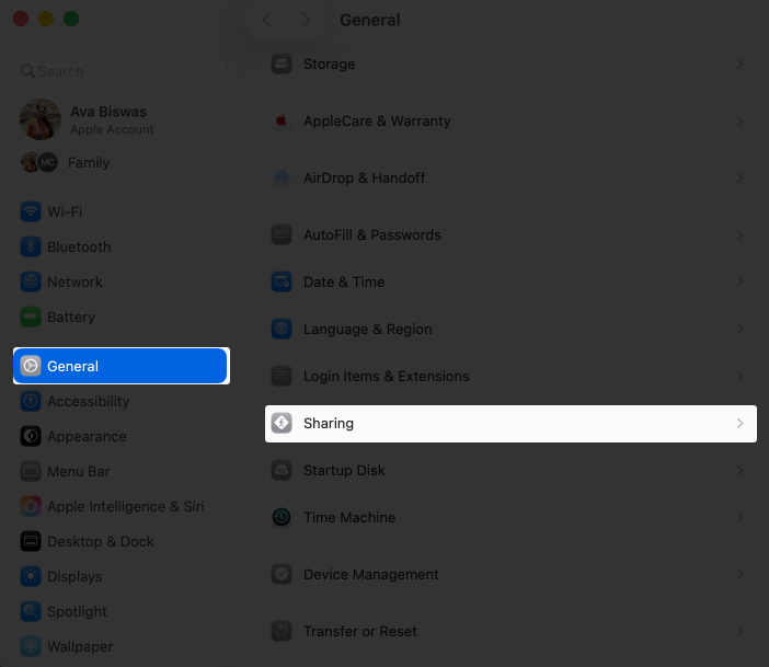 Access sharing option in system settings on Mac