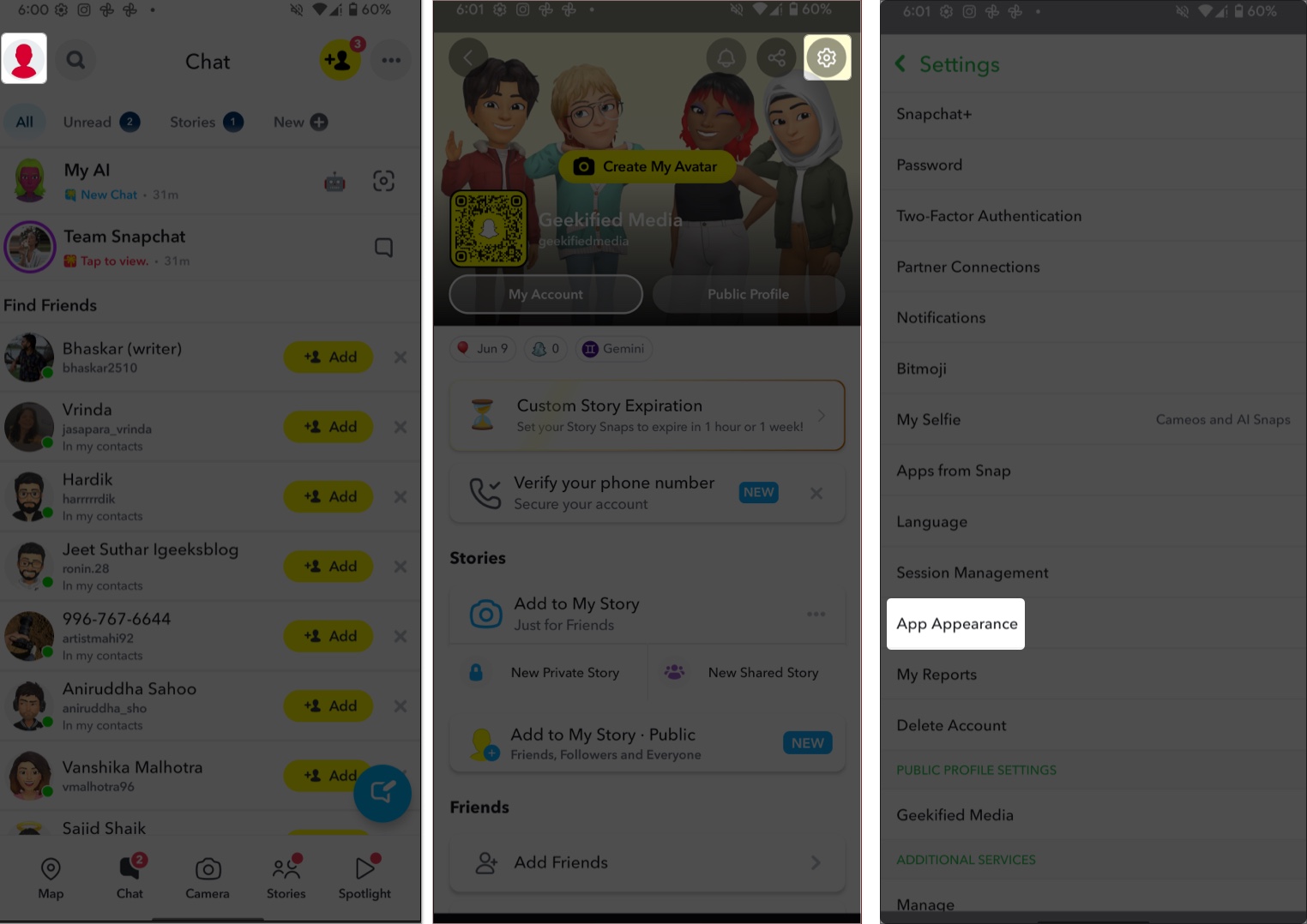 Access snapchat and go to setting and tap on app appearance on Android