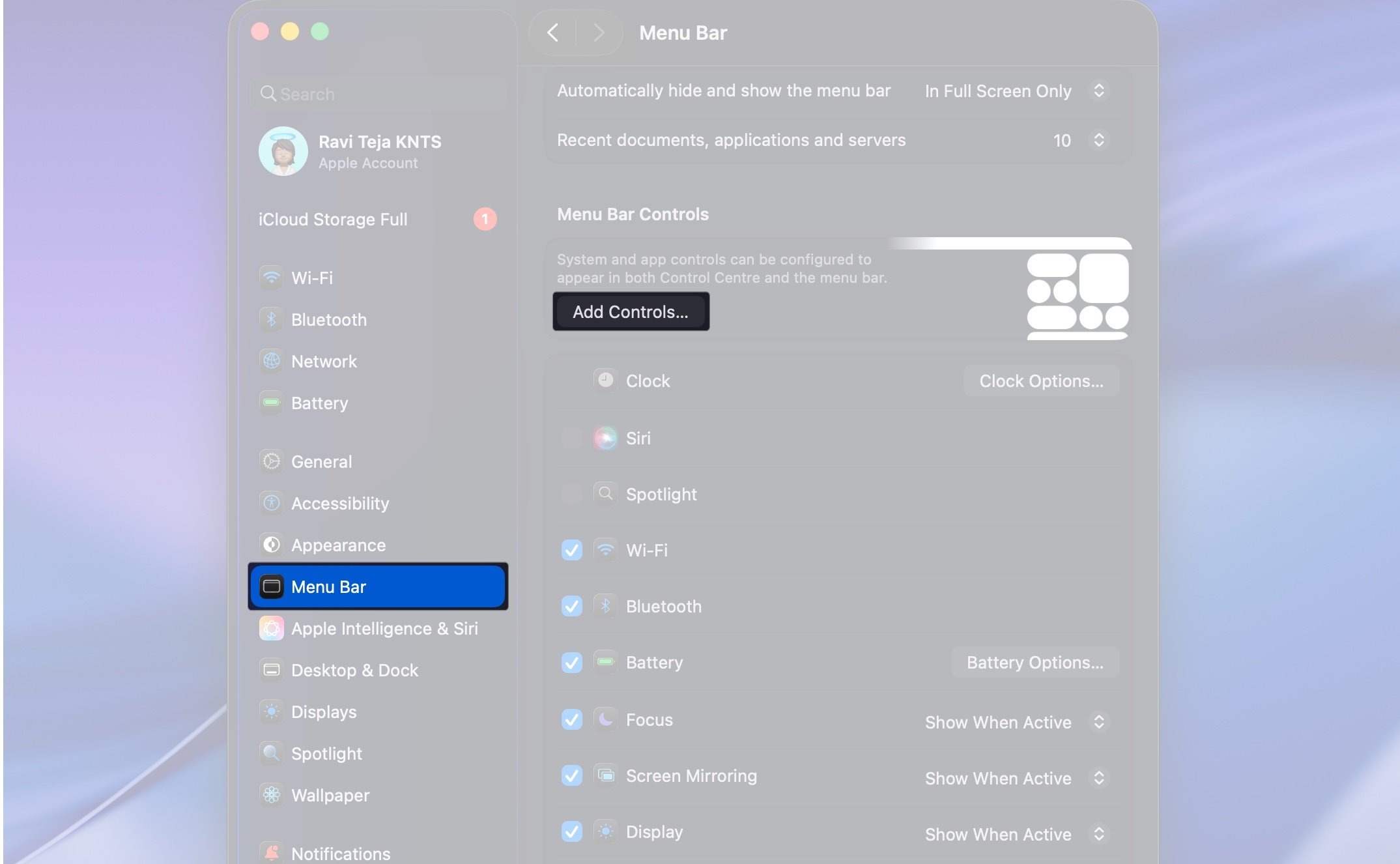 Access system setting and tap menu bar to add controls on macos 26