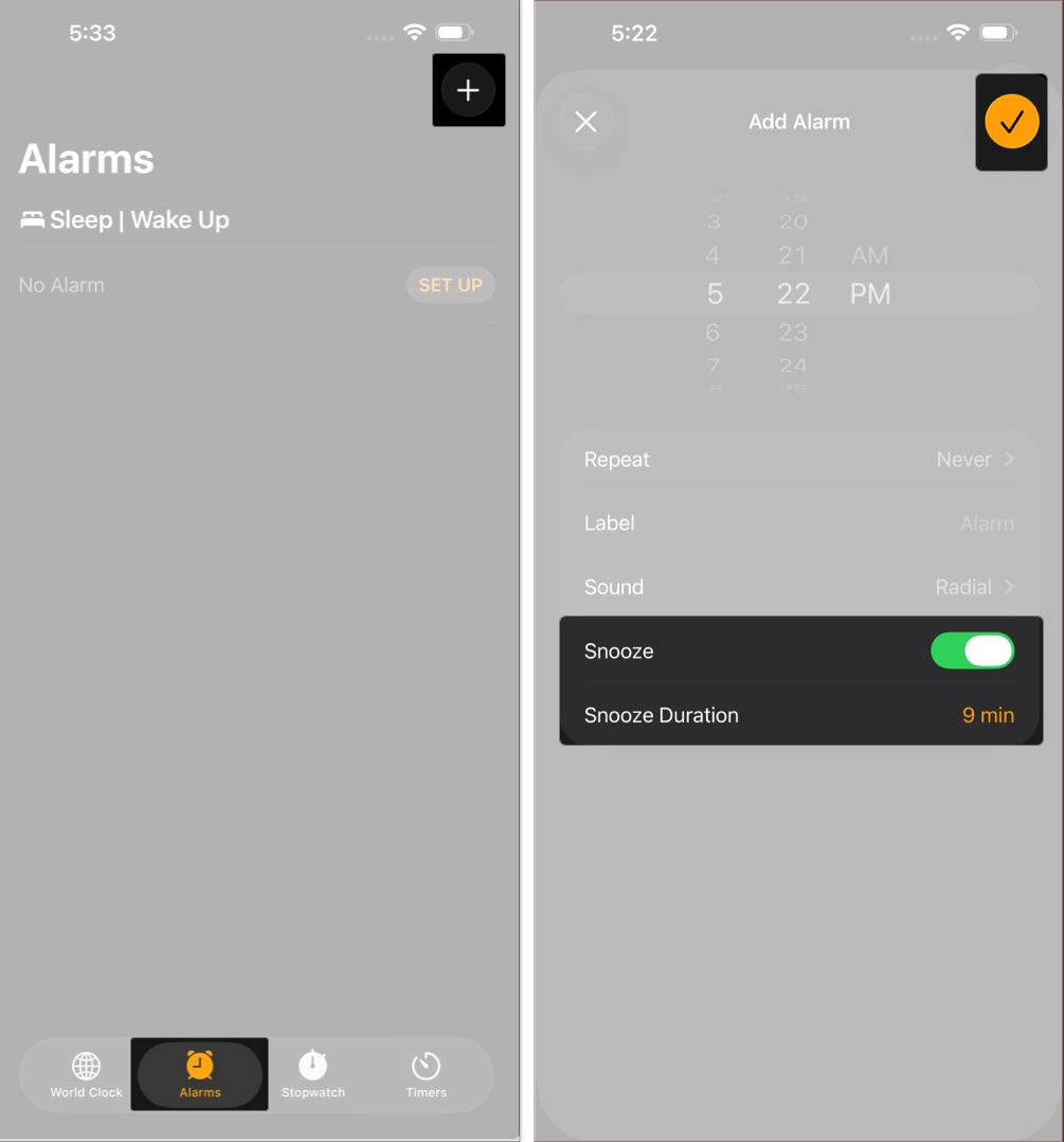 Change alarm snooze time in iOS 26