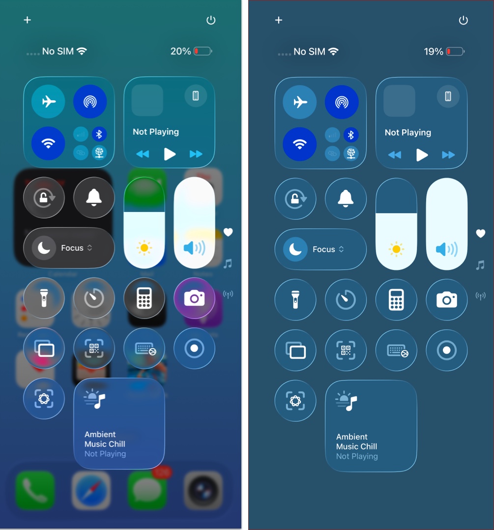 Changes in iOS 26 control control center design
