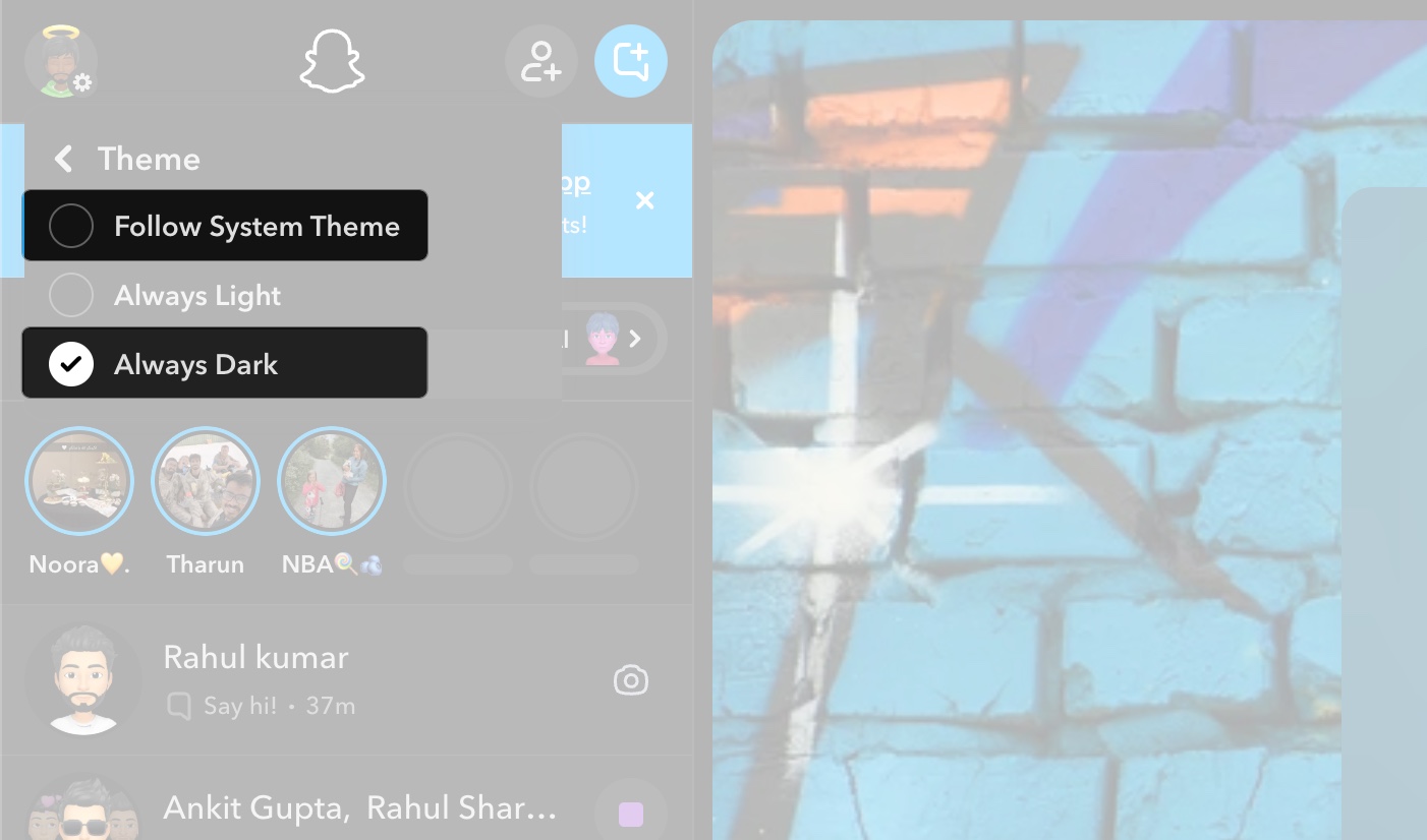 Choose always dark or follow system theme from dropdown on Snapchat web