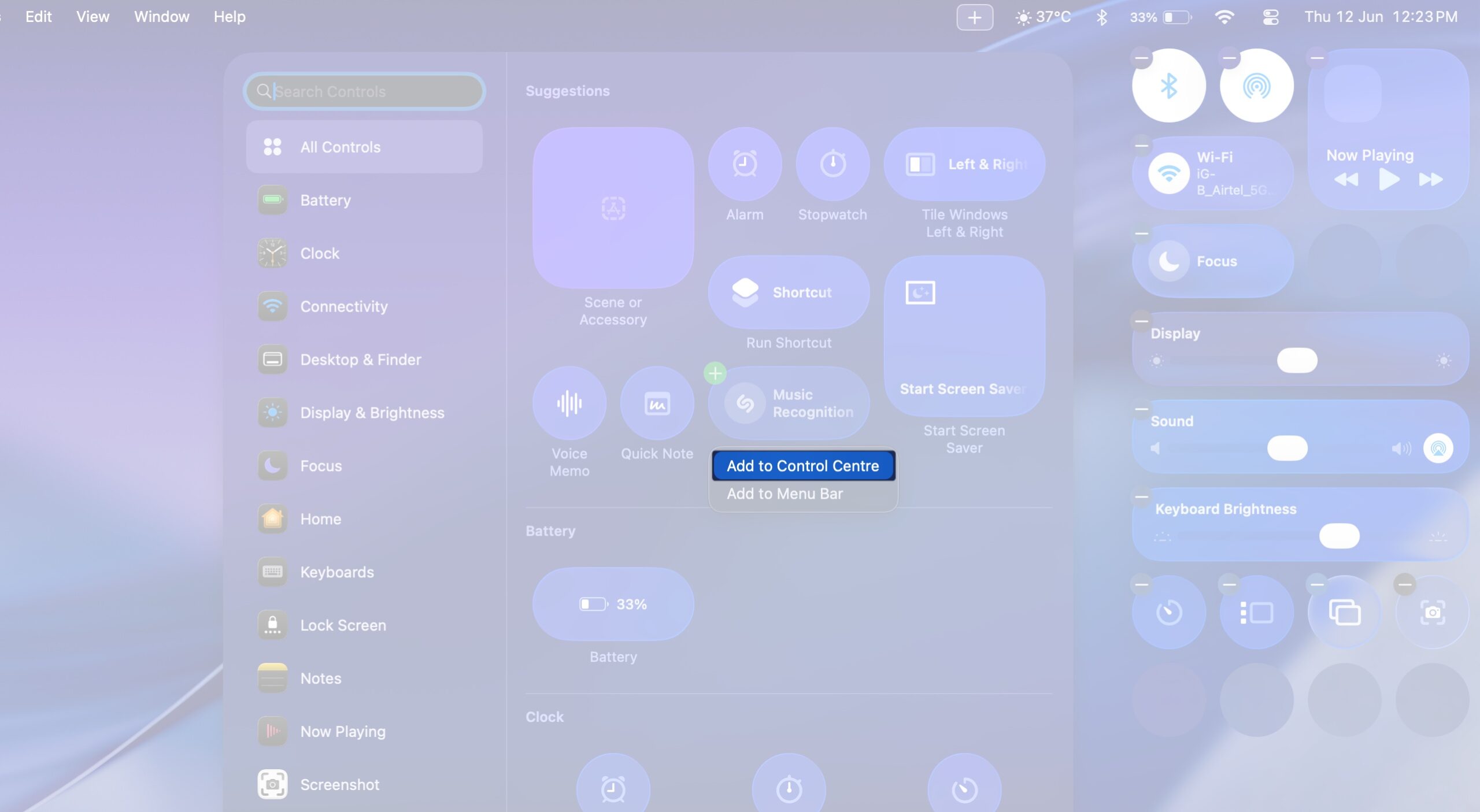 Choose control and add to control center on macos 26