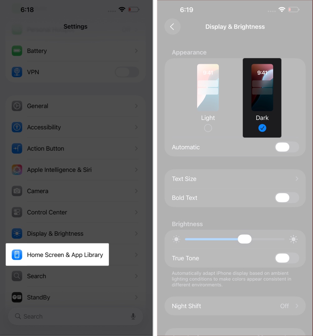 Choose dark mode on iOS 26
