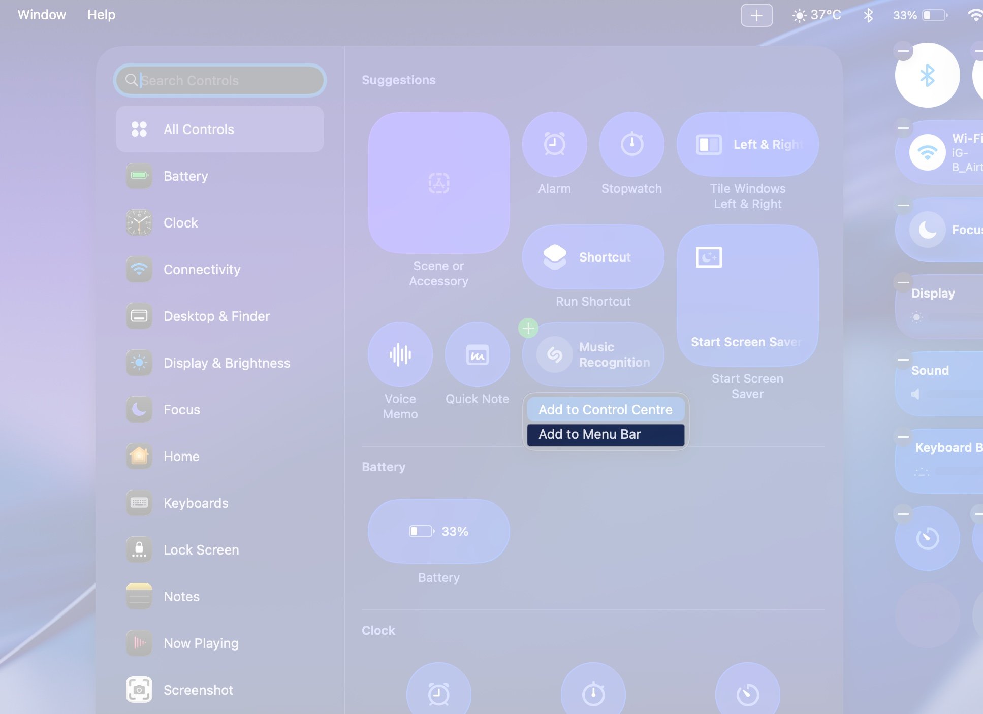 Choose the control and add to menu bar on macos 26