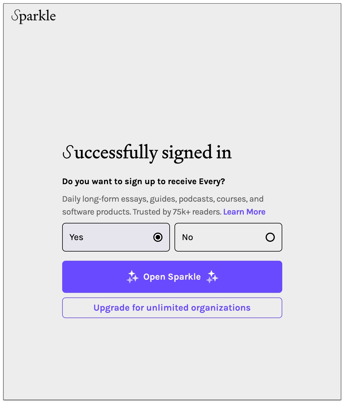 Click open Sparkle after sign up in Mac