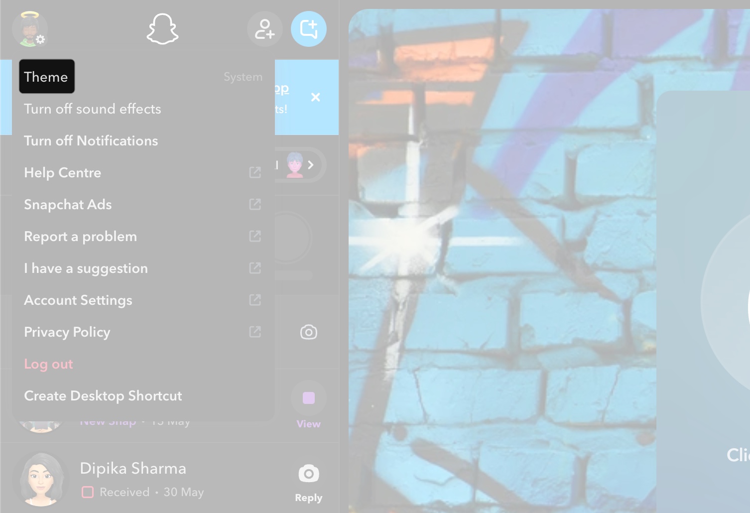 Click theme in snapchat web